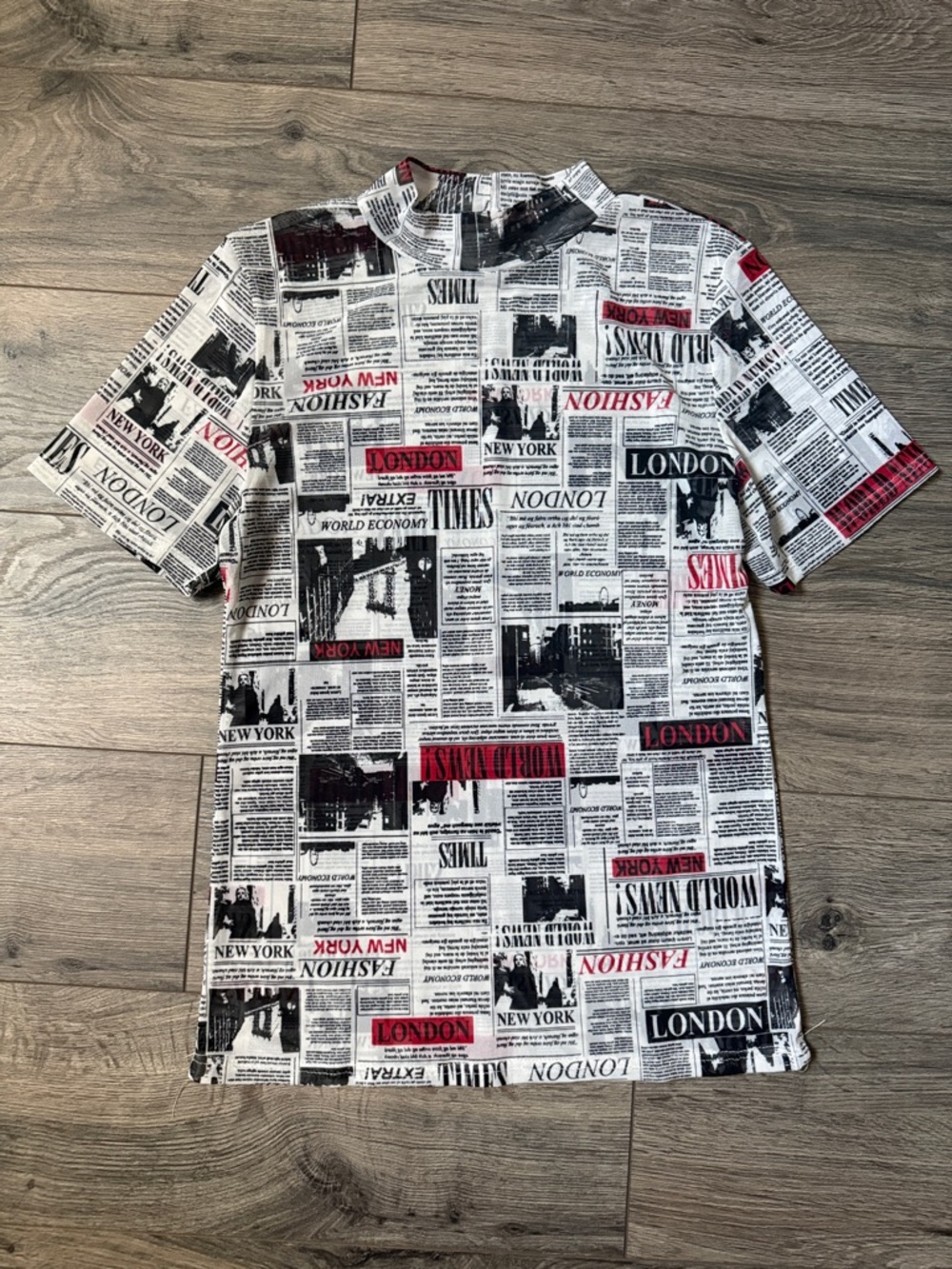 Newspaper Print Short Sleeve Shirt - Black/White with Red Accents